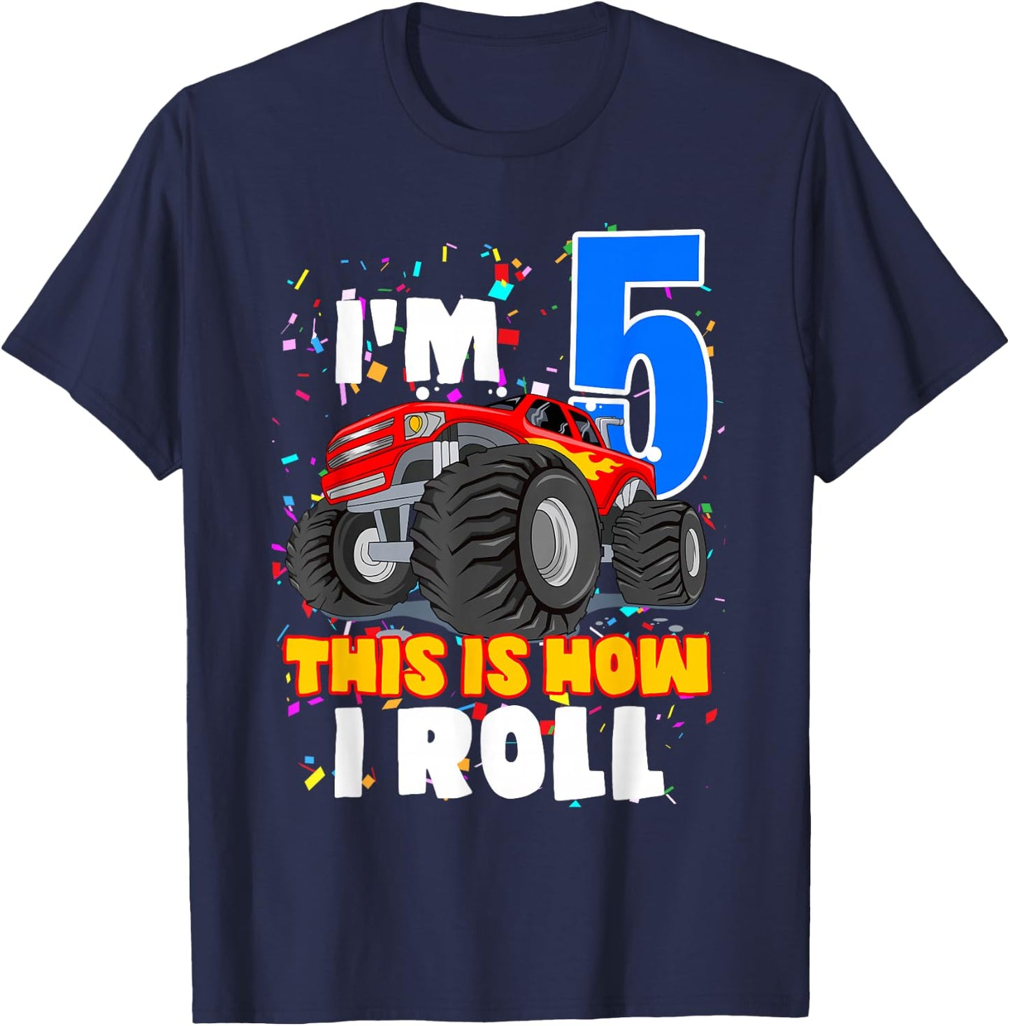 Boys 5 Years Old 5th Birthday Boy Monster Truck Offroad Party T-Shirt - T-Shirt | Navy