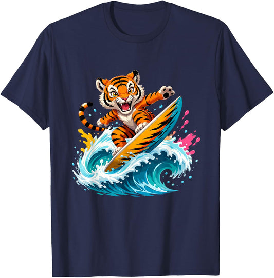 Cartoon Tiger Surfer Riding Big Ocean Wave T-Shirt - T-Shirt | Navy