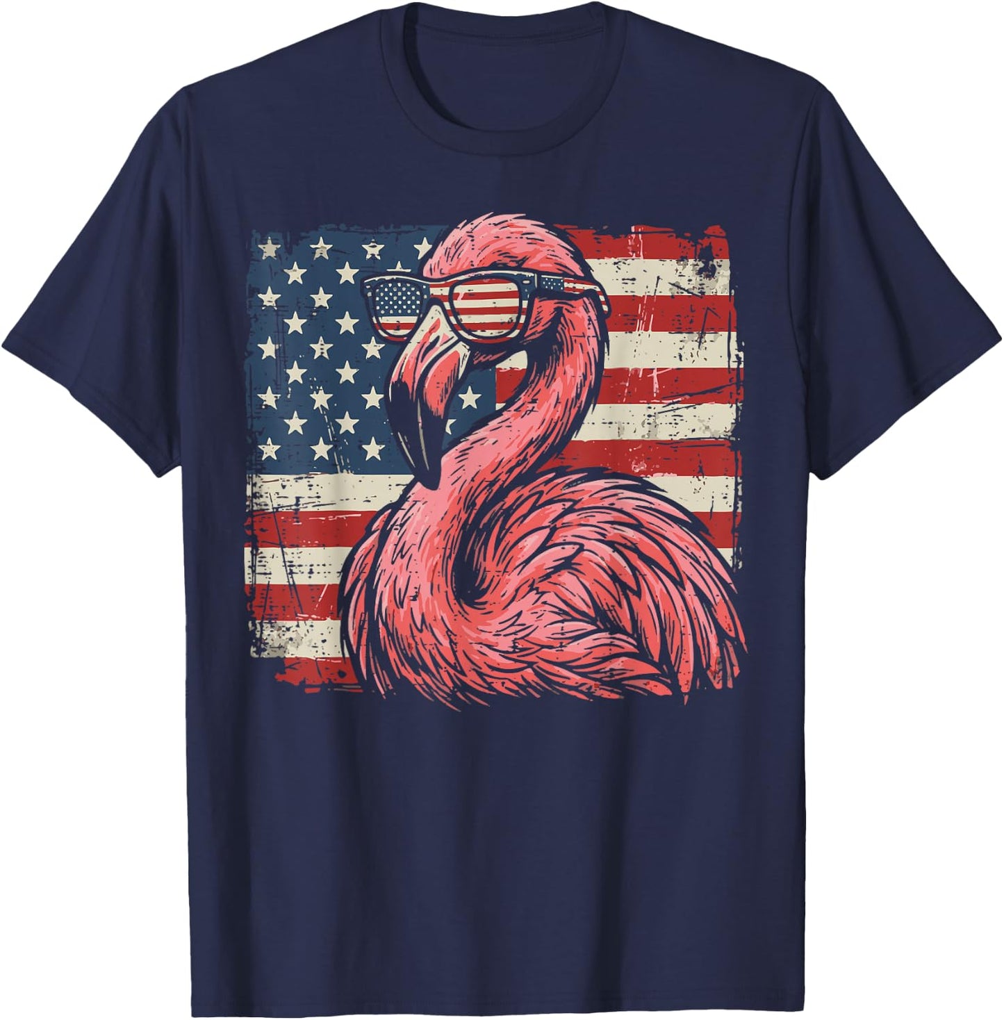 4th of July Flamingo US Flag Sunglasses Patriotic Men Women T-Shirt - T-Shirt | Navy