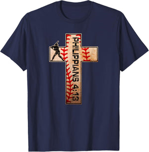 Philippians 4:13 Baseball Cross Christian Faith Jesus Christ T-Shirt - T-Shirt | Navy
