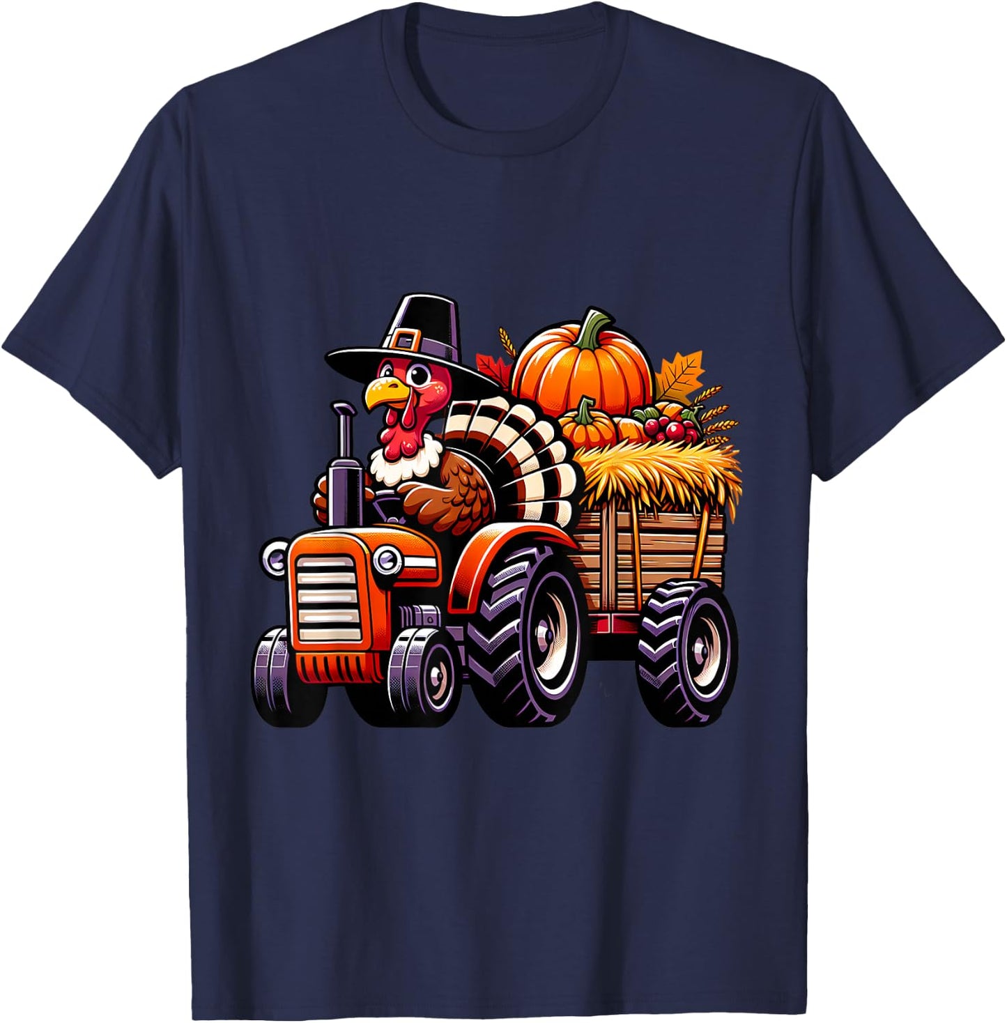 Turkey And Tractors Boys Kids Girls Thanksgiving Hayride T-Shirt - T-Shirt | Navy