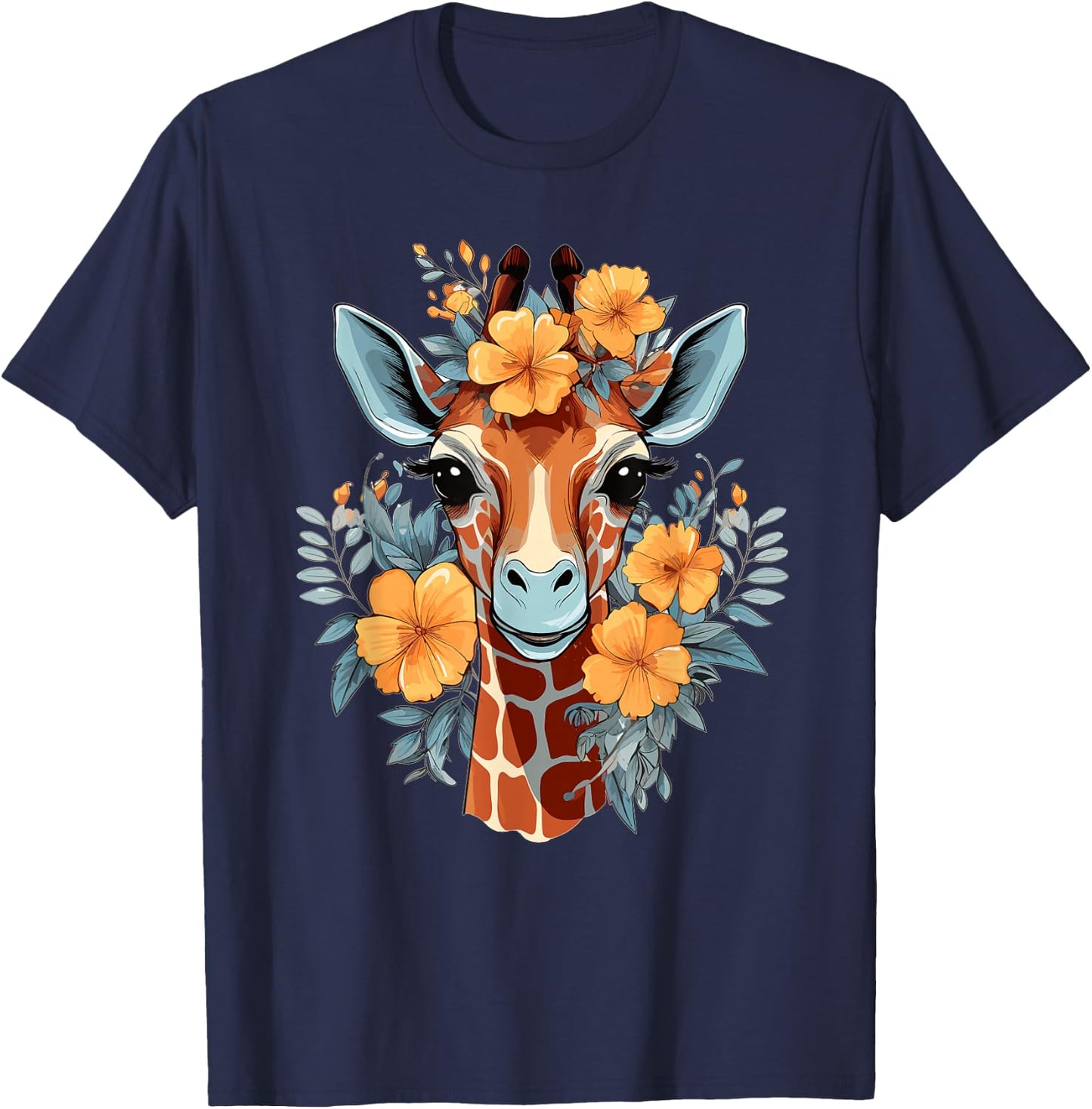 Colourful Giraffe with Flower I Giraffe T-Shirt - T-Shirt | Navy
