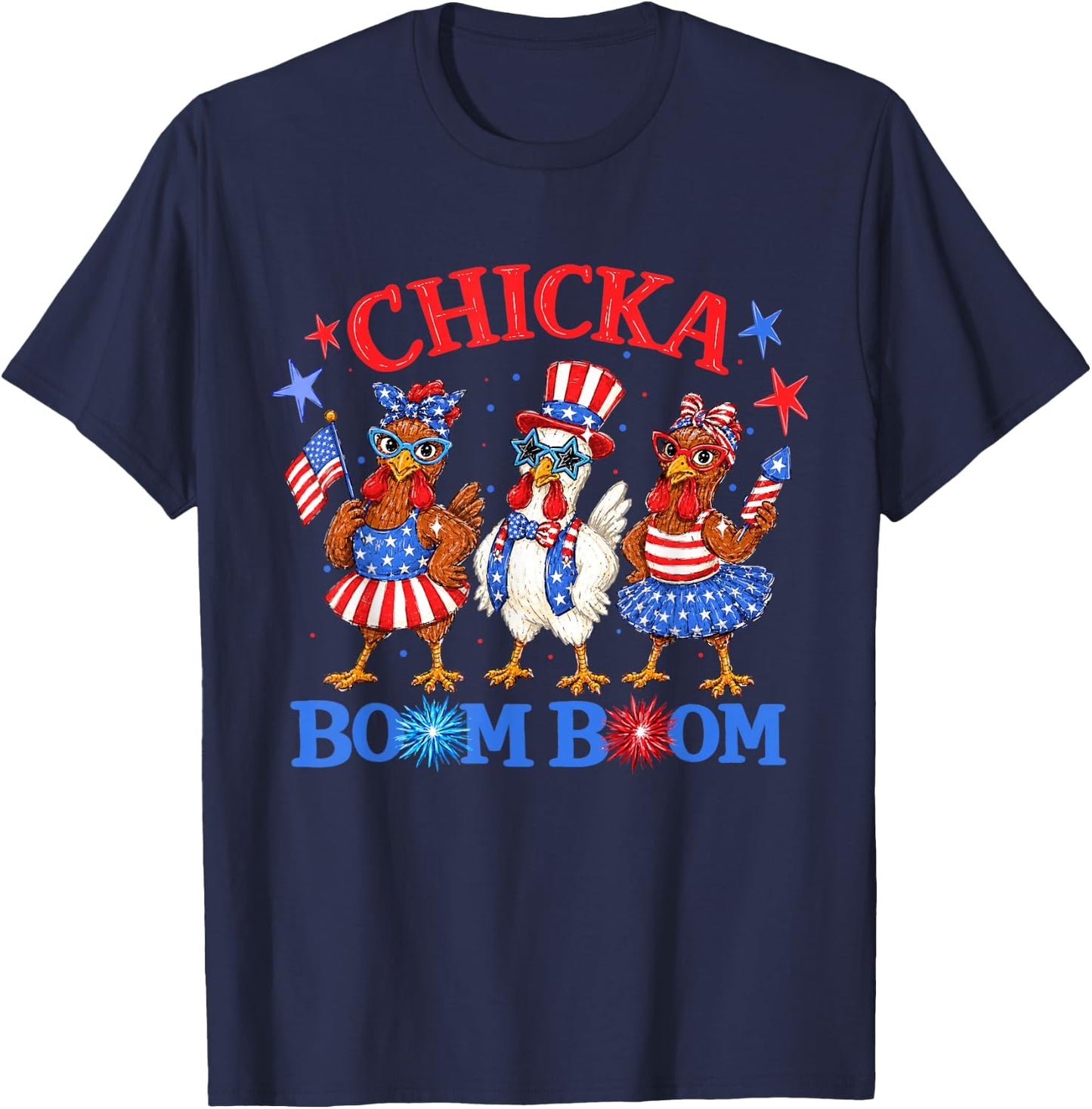 Chicka Boom Boom 4th of July Patriotic Chicken Independence T-Shirt - T-Shirt | Navy