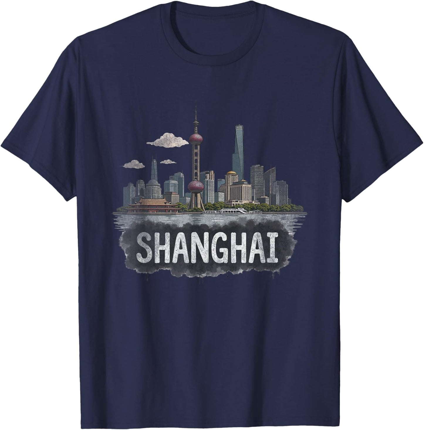Retro Souvenir Shanghai Landscape , Black, S T-Shirt - T-Shirt | Navy