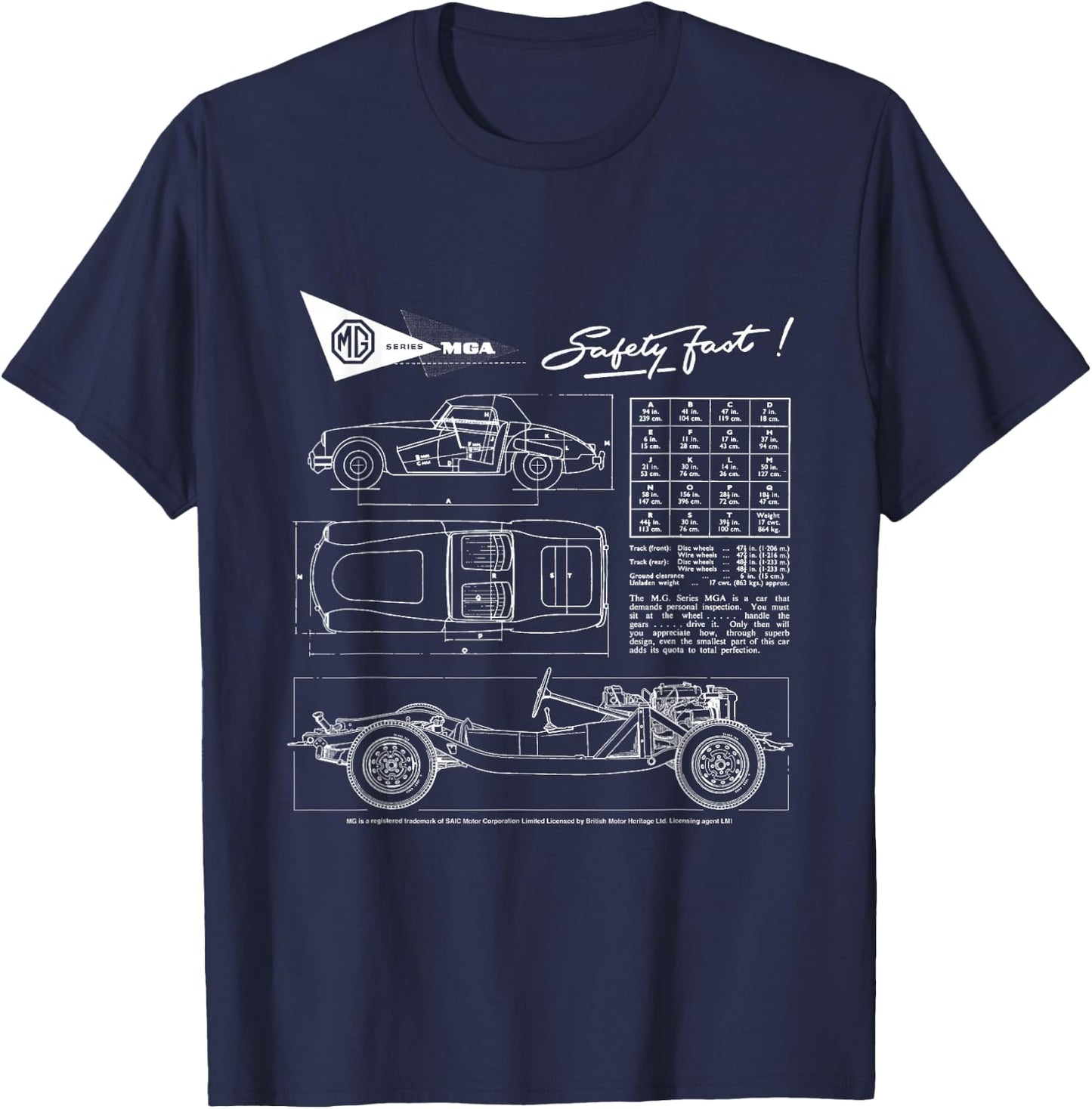 BMH MG MGA Retro Sports Car Technical Drawing T-Shirt - T-Shirt | Navy