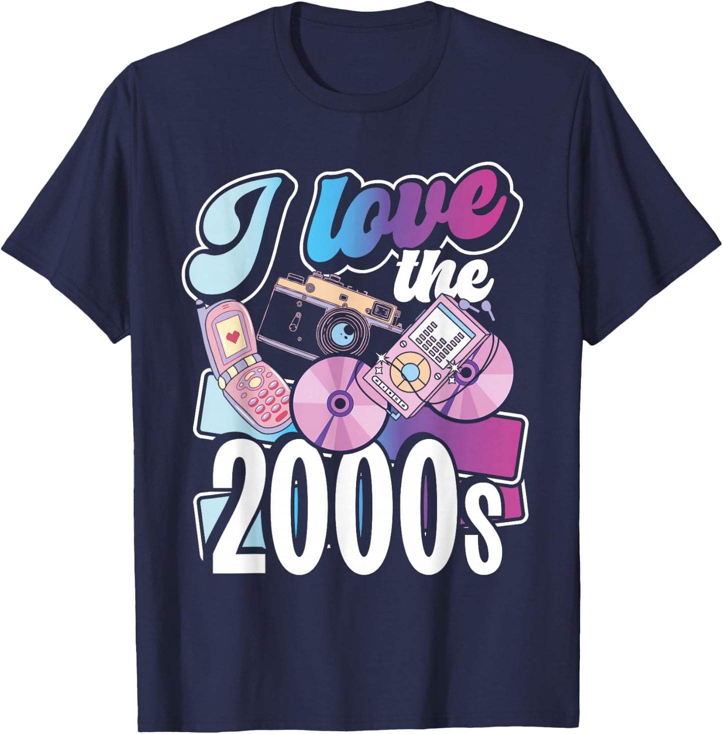 2000er Jahre Flip Phones Und Tech Designs I Love The 2000s Black Small -Adults Regular Fit Short Sleeve Cotton 60% Polyester 40% Novelty Retro 2000s Nostalgia T-Shirt - T-Shirt | Navy