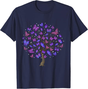 Animal Purple Butterflies Tree Nature Butterfly T-Shirt - T-Shirt | Navy