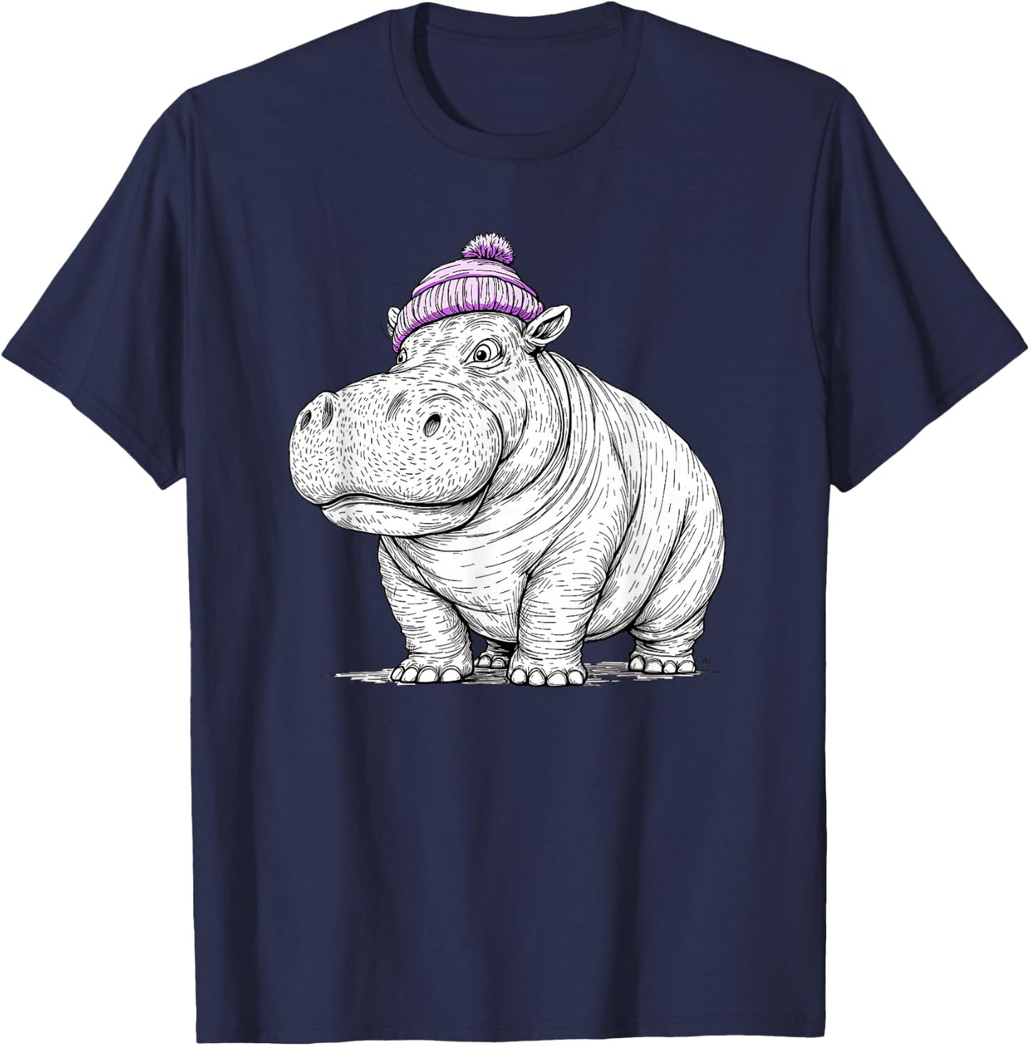 Hippo Wearing a Beanie Stocking Hat Cute Animal Design T-Shirt - T-Shirt | Navy
