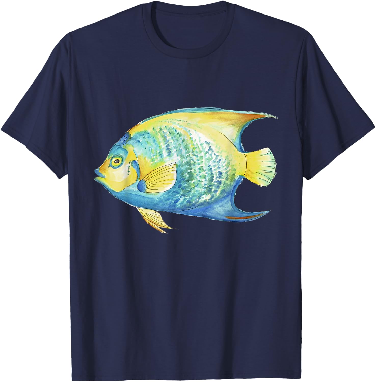 Tropical Blue Queen Angelfish Aquarium Watercolor T-Shirt - T-Shirt | Navy