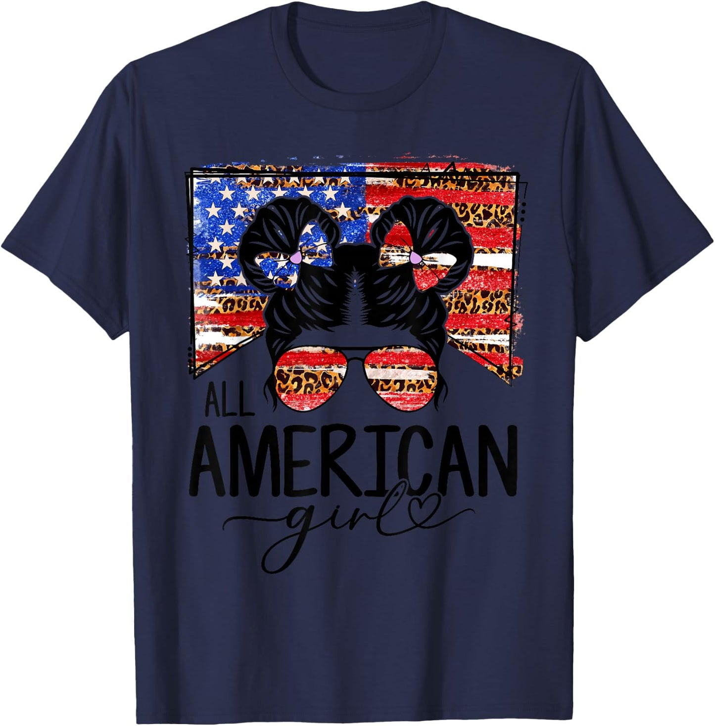 All American Girls 4th of July Messy Bun Leopard Patriotic T-Shirt - T-Shirt | Navy