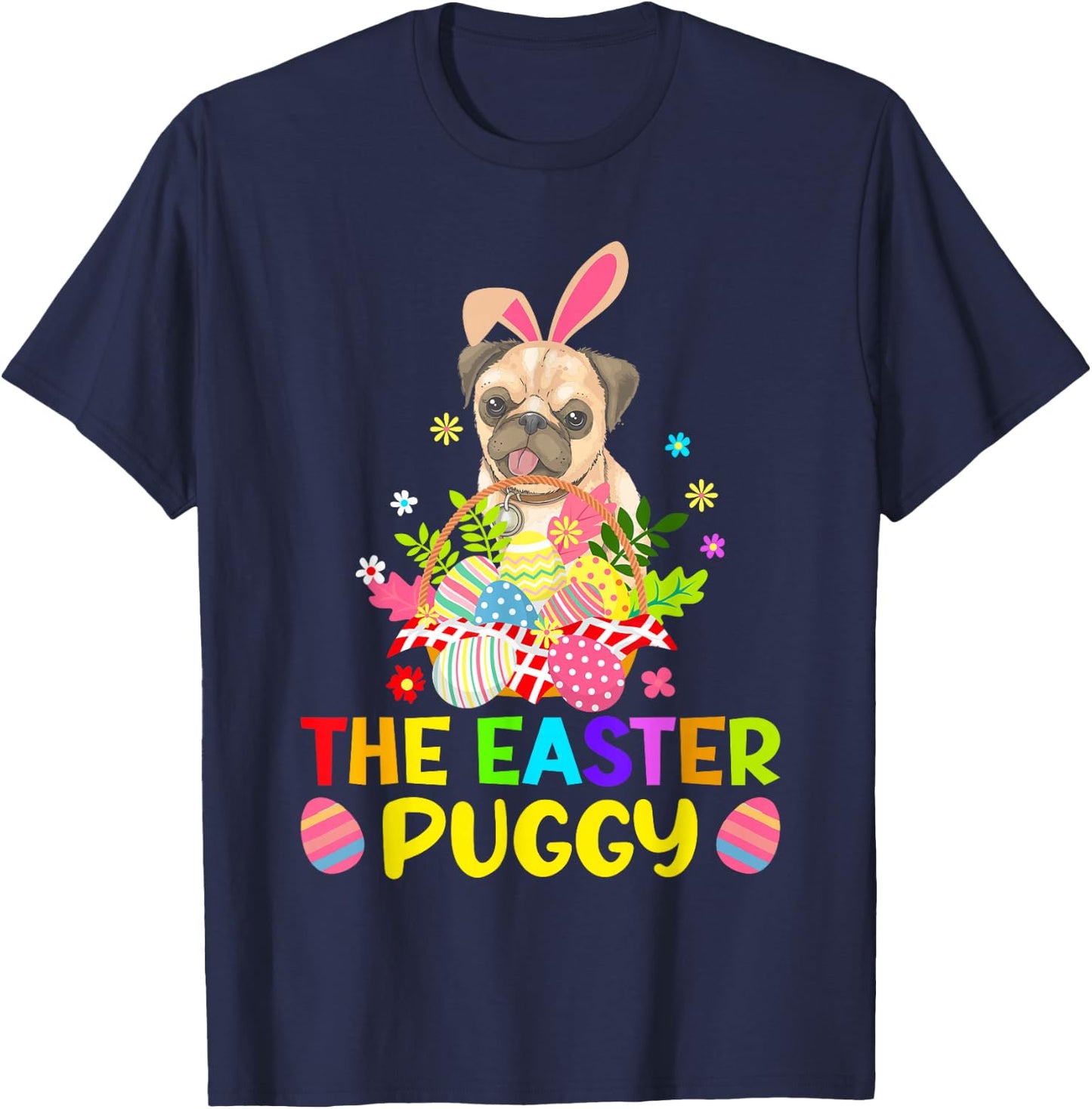 Funny Easter Pug Bunny Ear Eggs Basket Dogs Kids T-Shirt - T-Shirt | Navy