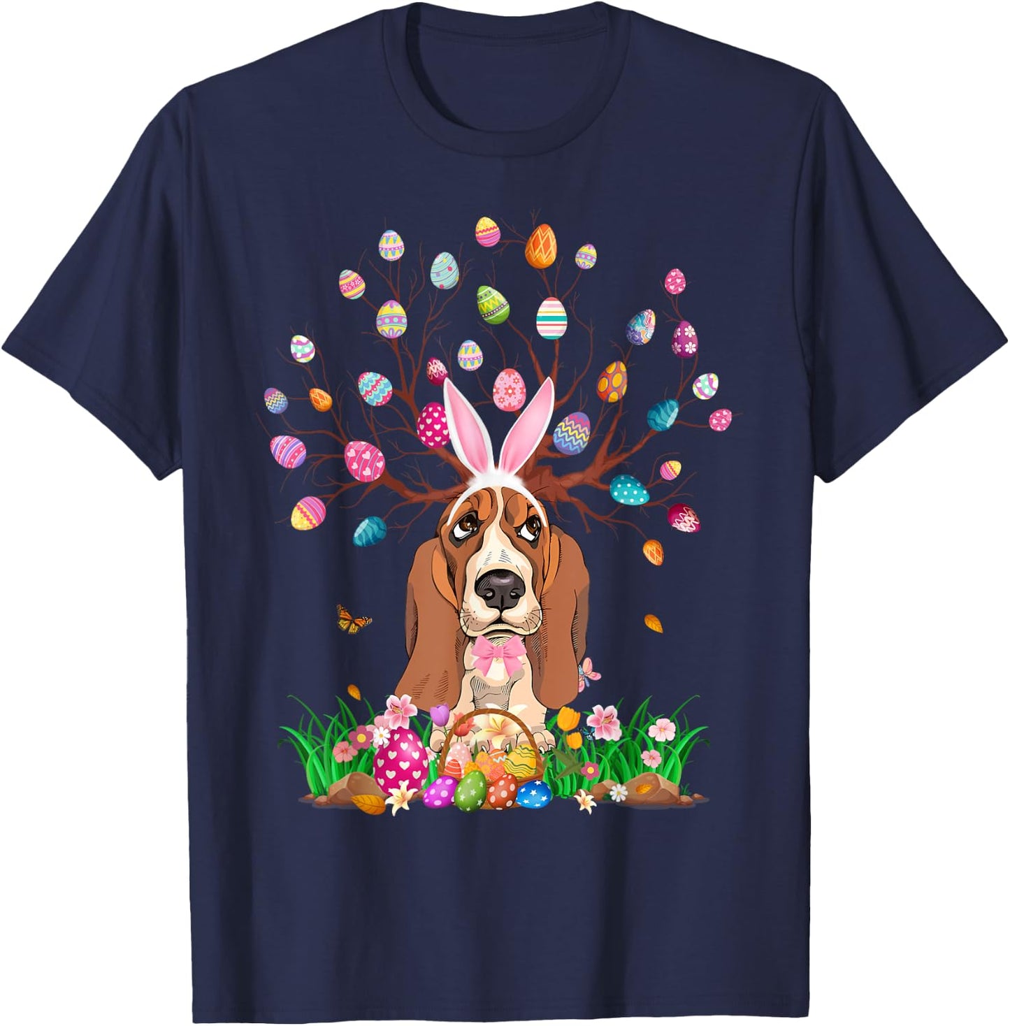 Basset Hound Dog With Bunny Ears Easter Egg Tree Easter Day T-Shirt - T-Shirt | Navy