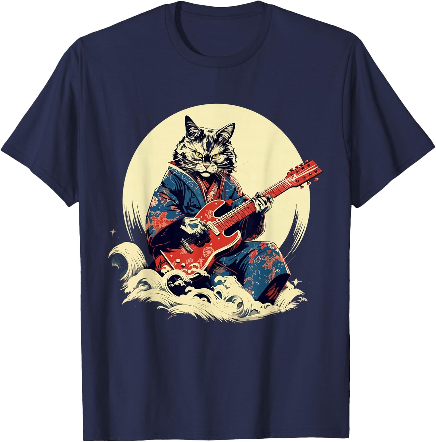 Japanese Samurai Cat Playing Electric Guitar , Black, S T-Shirt - T-Shirt | Navy