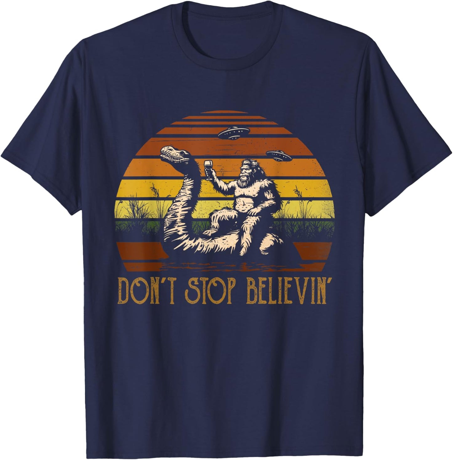 Vintage Cute Animal Loch Ness Monster Don't Stop Believin' T-Shirt - T-Shirt | Navy