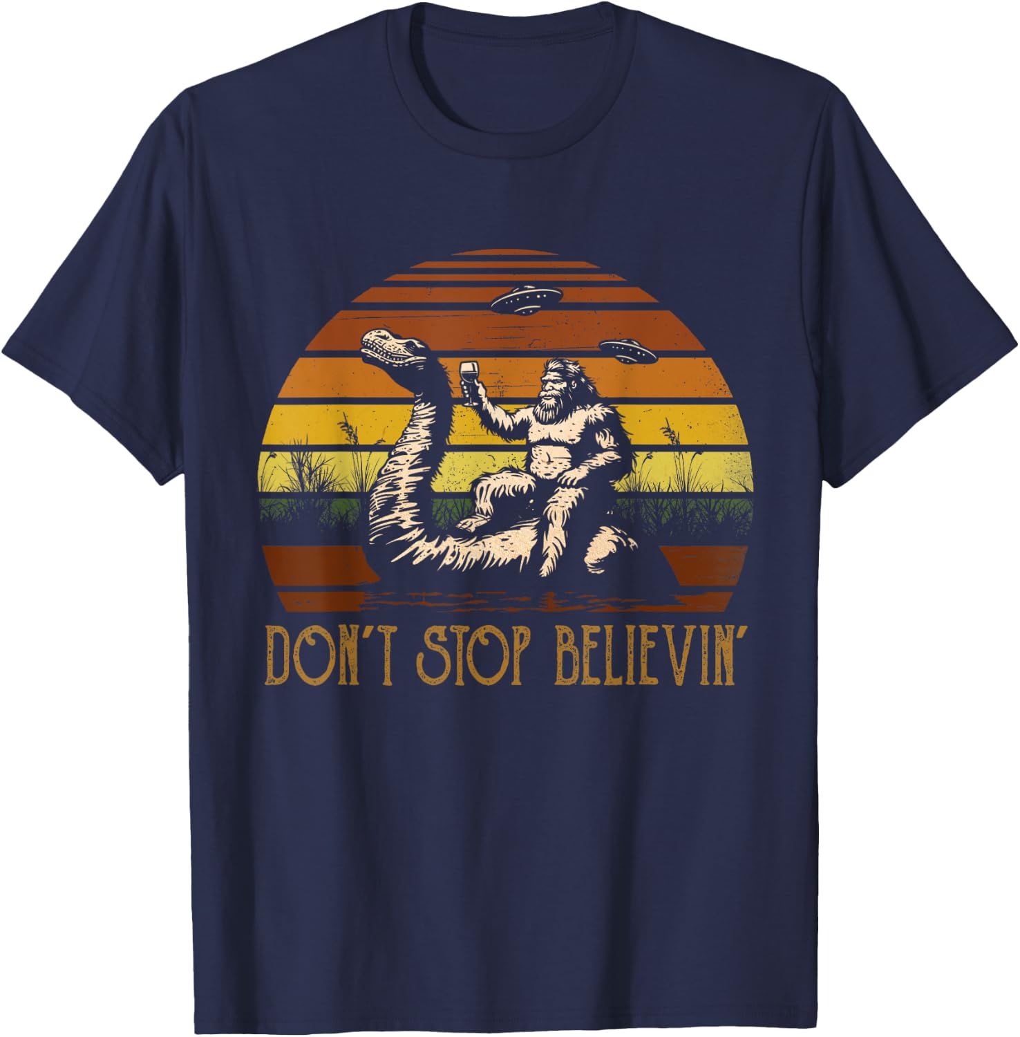 Vintage Cute Animal Loch Ness Monster Don't Stop Believin' T-Shirt - T-Shirt | Navy