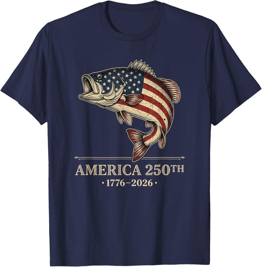 250 America Years 1776 2026 Fishing USA Flag 250th Birthday T-Shirt - T-Shirt | Navy