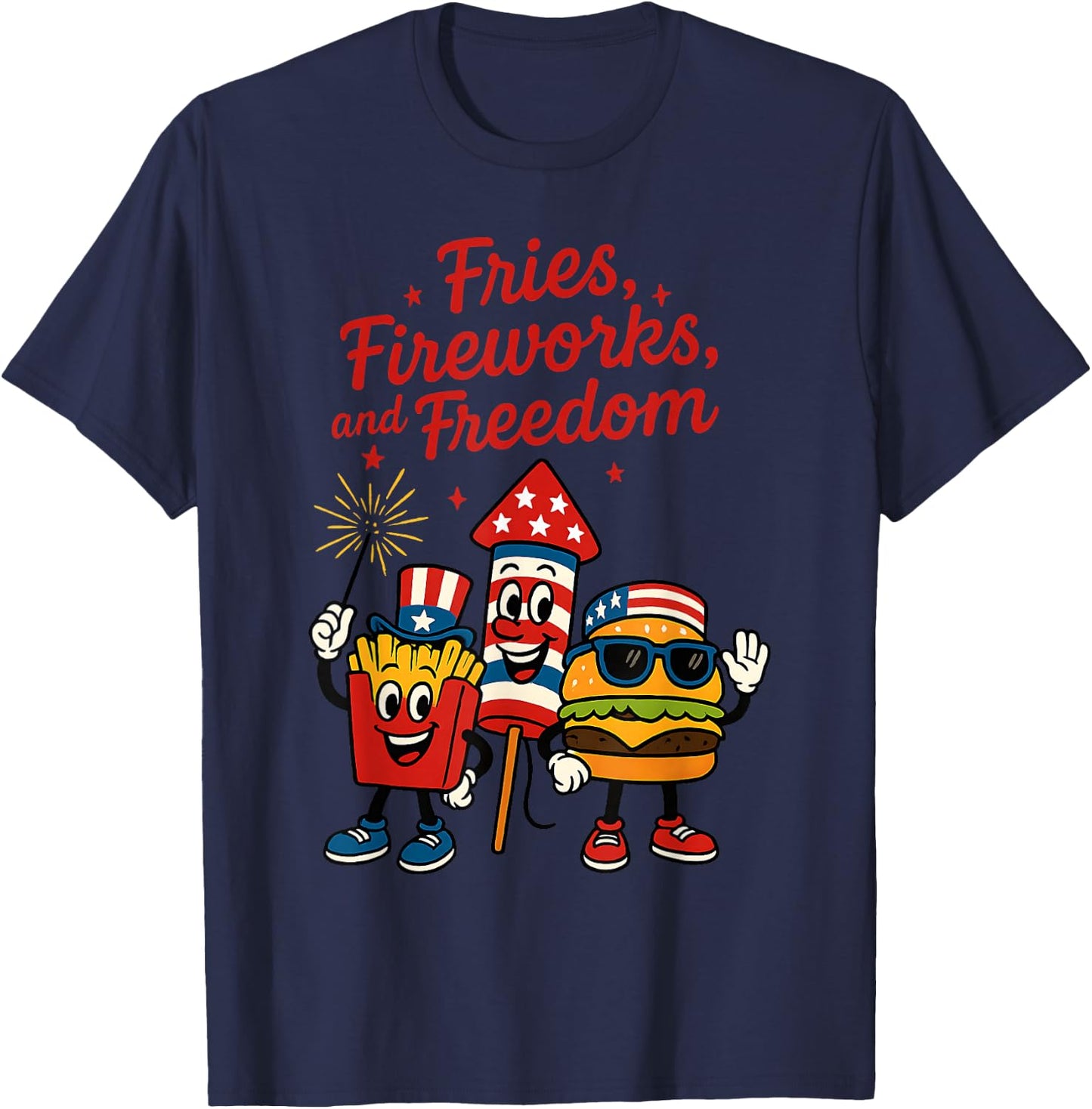 Patriotic Food Burger Fries Fireworks Freedom 4th of July T-Shirt - T-Shirt | Navy