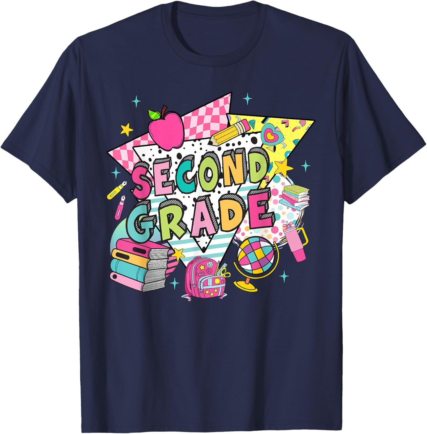 Second Grade Teachers Students Retro 90s Back To School T-Shirt - T-Shirt | Navy