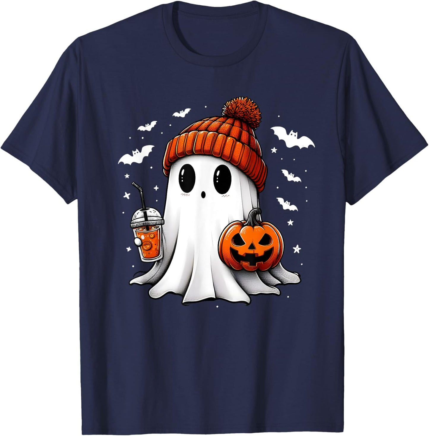 Cute Halloween Ghost Drink Pumpkin T-Shirt - T-Shirt | Navy