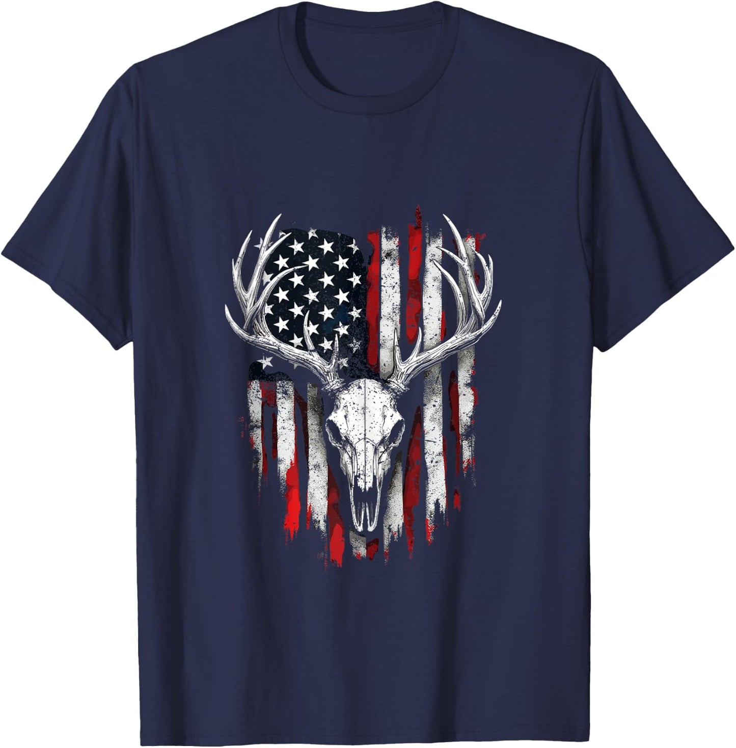 American Flag Vintage Deer Hunting Camouflage Deer Skull T-Shirt - T-Shirt | Navy