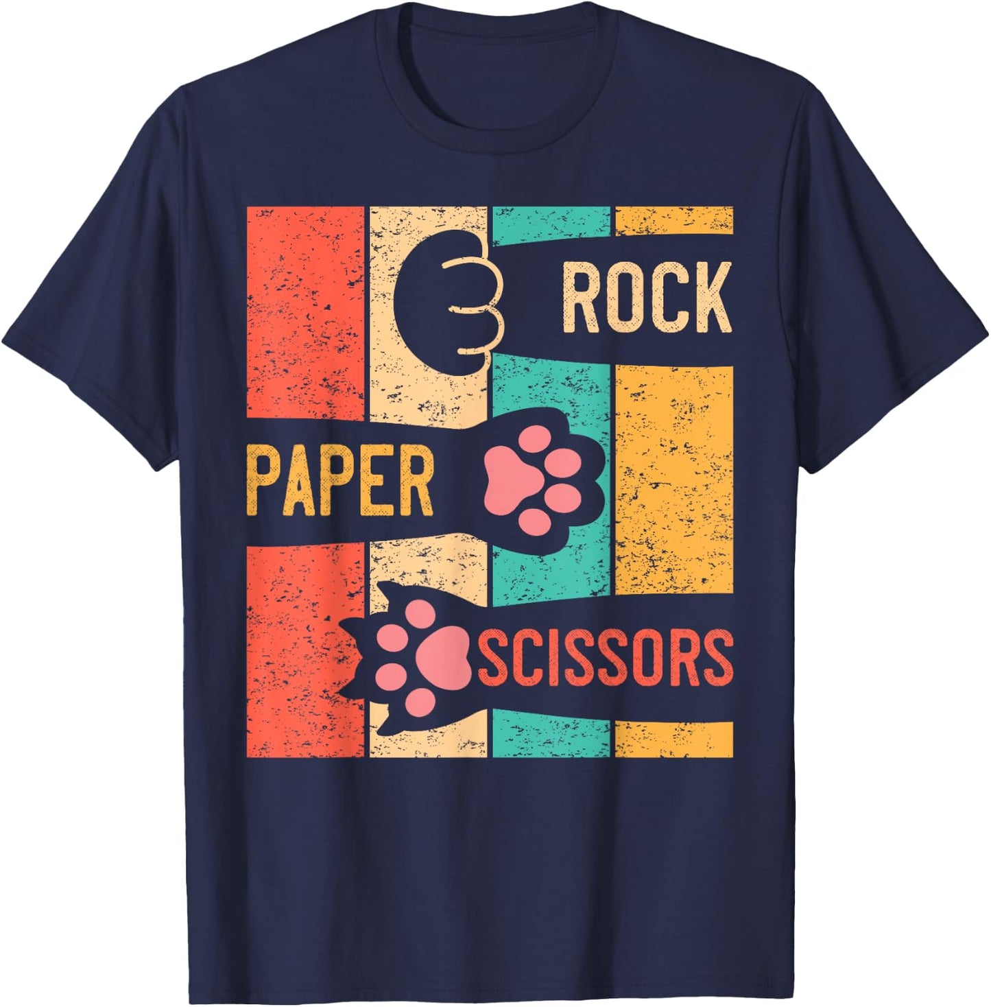 Cute Cat Paw Rock Paper Scissors Hand Game Vintage Men Women Girls Kids T-Shirt - T-Shirt | Navy