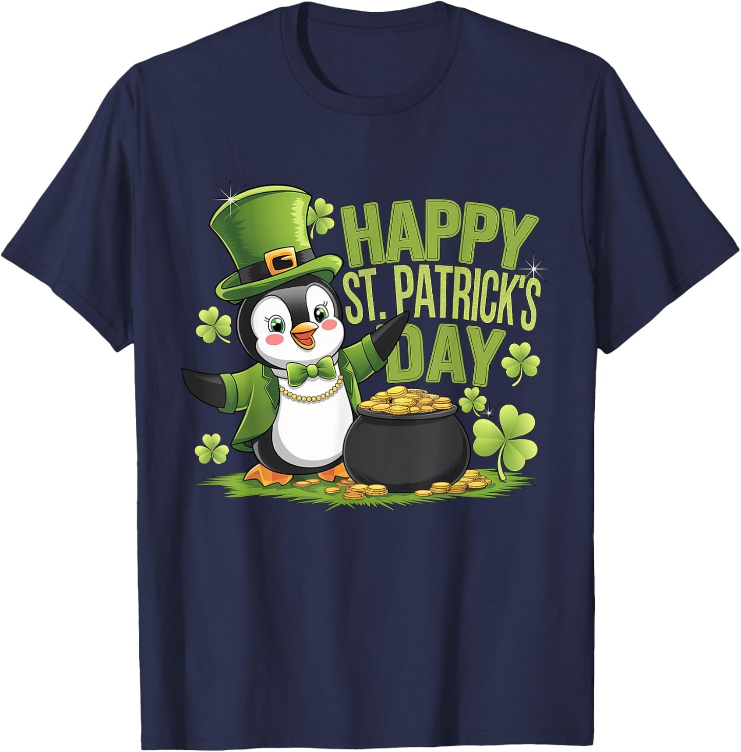 Happy St Patrick's Day Penguin with Pot of Gold T-Shirt - T-Shirt | Navy