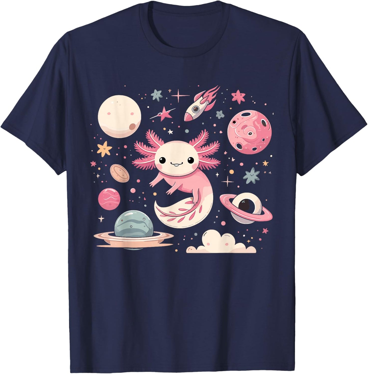 Cute Axolotl in Space Kawaii Axolotl Moon T-Shirt - T-Shirt | Navy