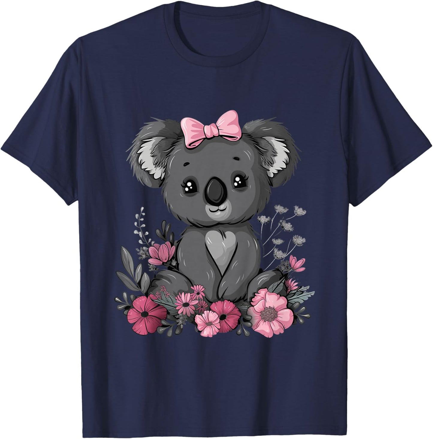 Koala Kawaii Koala Bear Pink Bow Flowers Girls Kids T-Shirt - T-Shirt | Navy