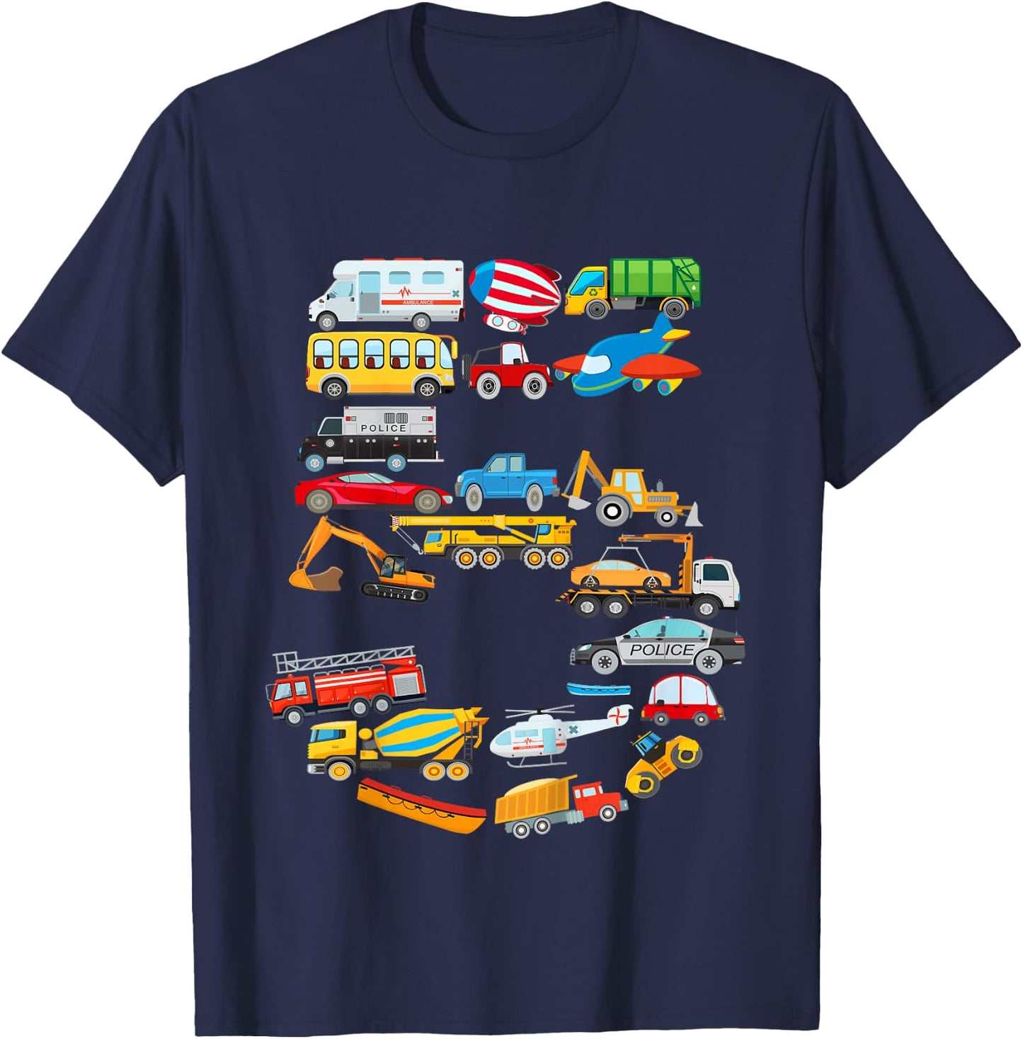 Kids 5th Birthday For Boys Cars Vehicles ,Fire Truck, Airplane T-Shirt - T-Shirt | Navy