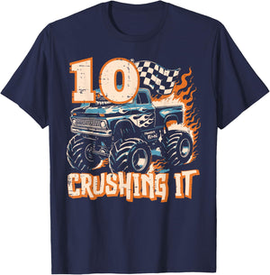 10 Crushing It Monster Truck 10th Birthday Bday Boys Kids T-Shirt - T-Shirt | Navy