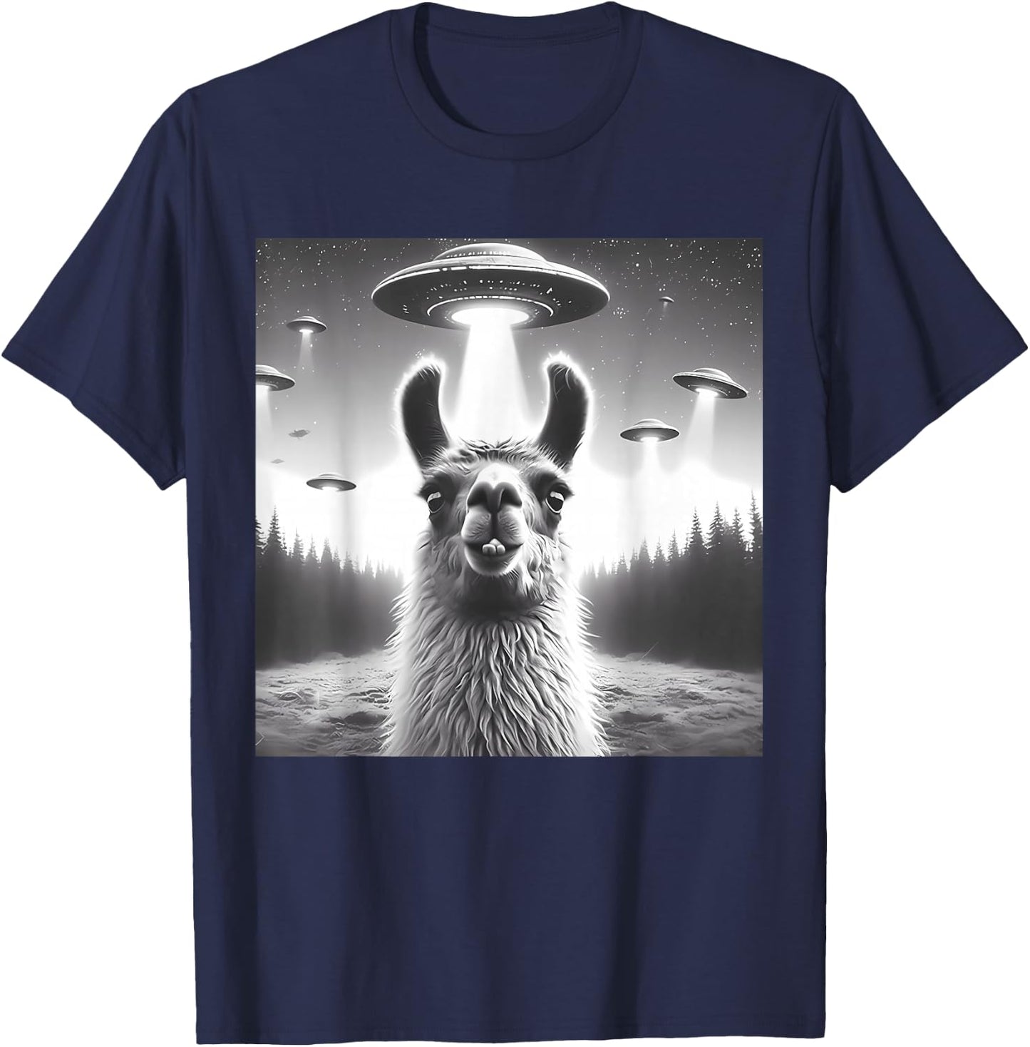Funny Llama Selfie UFO Alien Alpaca Humor Vintage Print Art T-Shirt - T-Shirt | Navy
