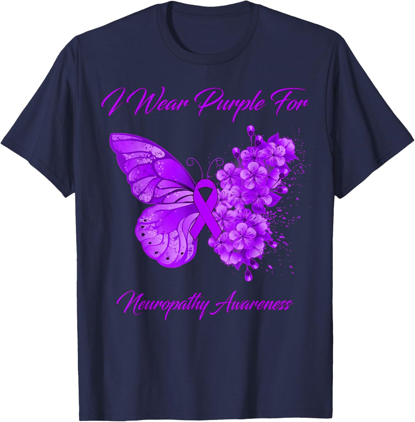Butterfly I Wear Purple For Neuropathy Awareness T-Shirt - T-Shirt | Navy