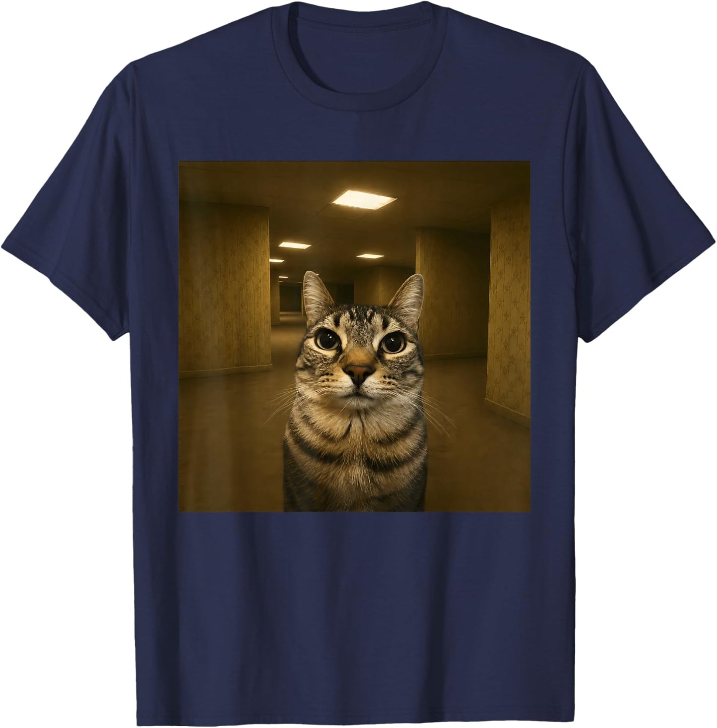 Cat in The Backrooms Liminal Space Funny Meme T-Shirt - T-Shirt | Navy