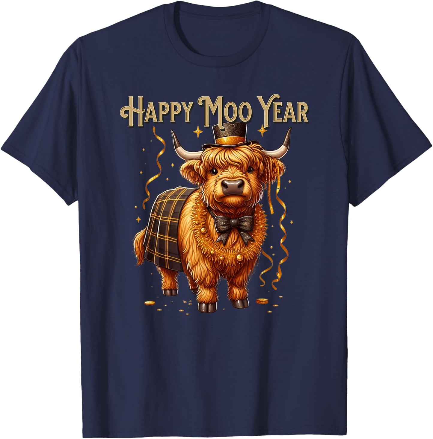 New Year Highland Cow Happy Year Moo Funny Western Cow T-Shirt - T-Shirt | Navy