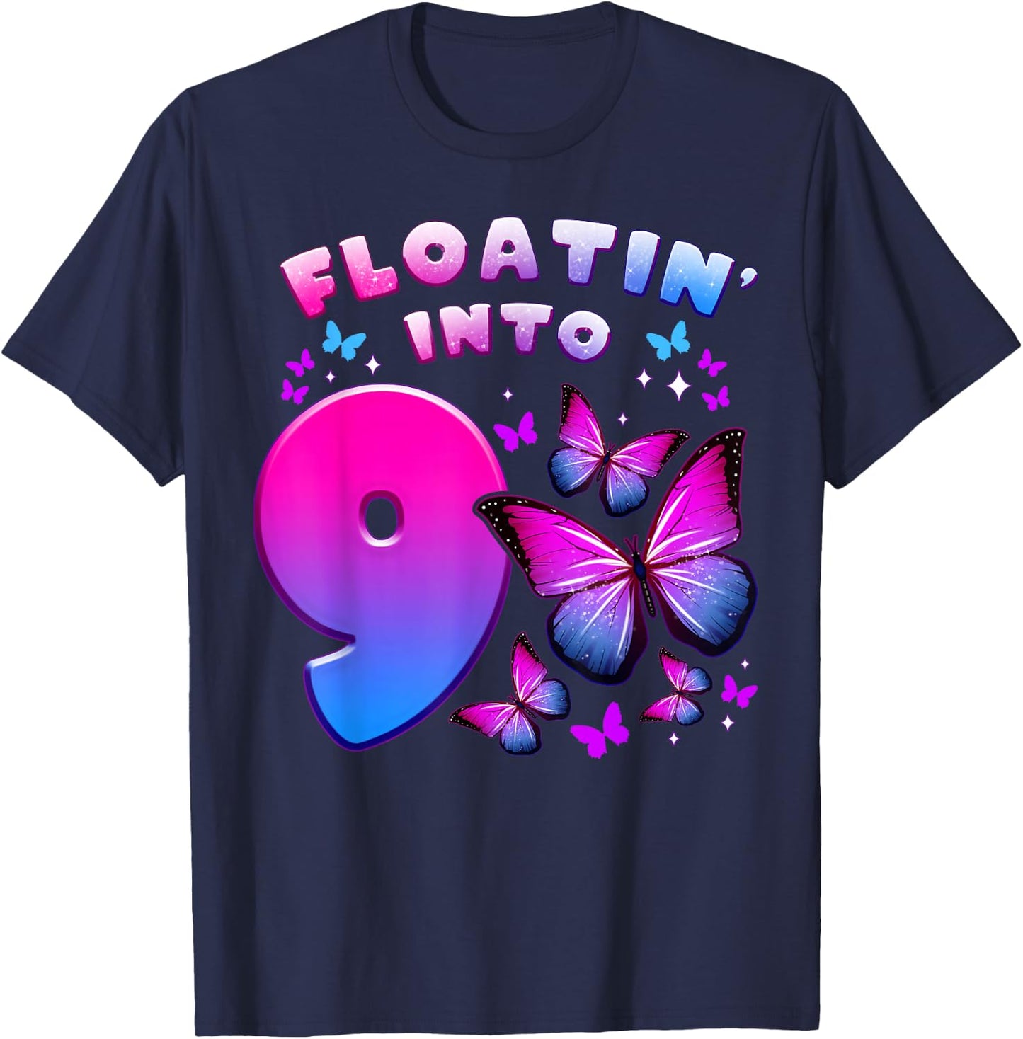 Birthday Girl 9 Year Old, Butterfly, Number 9 T-Shirt - T-Shirt | Navy