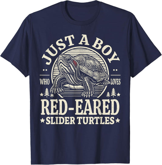 Just a Boy Who Loves Red-Eared Slider Turtles Reptile Retro T-Shirt - T-Shirt | Navy