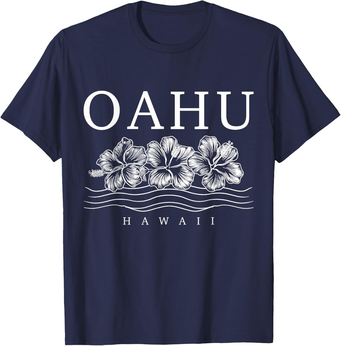 Oahu Hawaii Hawaiian Hibiscus Flowers Surfer Souvenir T-Shirt - T-Shirt | Navy