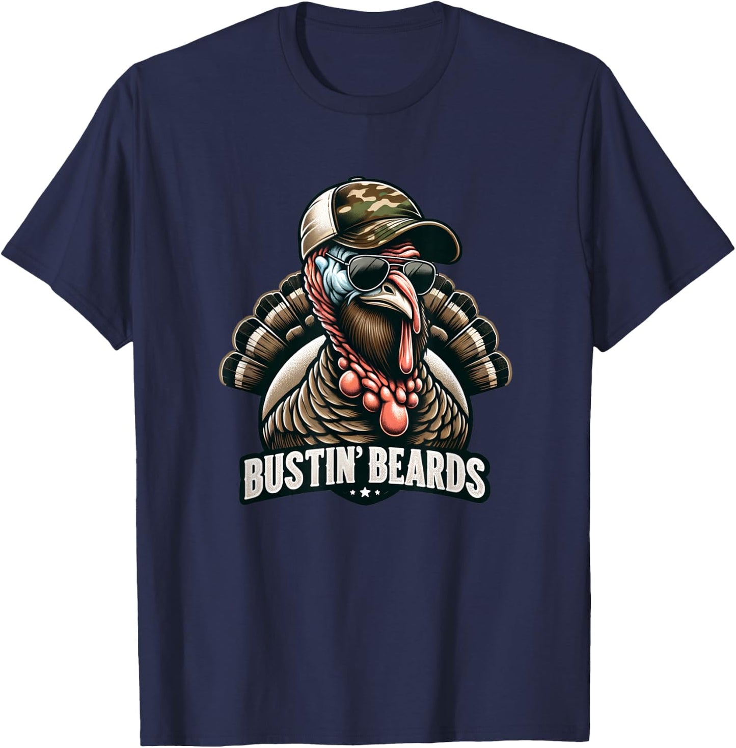 Bustin' Beards Turkey Hunting Tom With Camo Hat & Sunglasses T-Shirt - T-Shirt | Navy