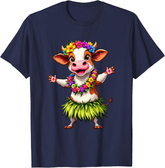 Hawaii Animal Haku Lei Hula Dance Aloha Cow T-Shirt - T-Shirt | Navy