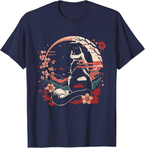 Cat Japan Style Funny Cat Gift Retro Vintage Funny Cat Women Girls Kids T-Shirt - T-Shirt | Navy
