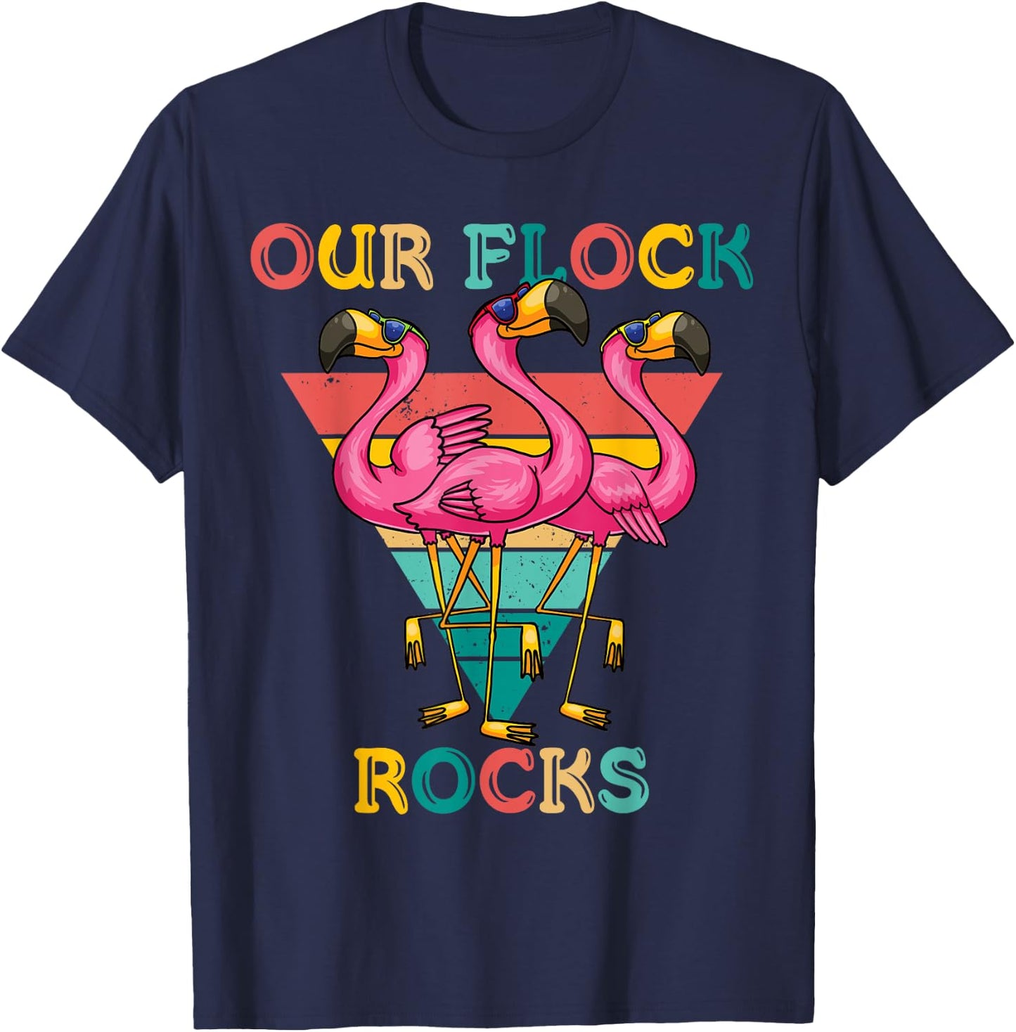 Our Flock Rocks Retro Flamingo Matching Family Vacation T-Shirt - T-Shirt | Navy