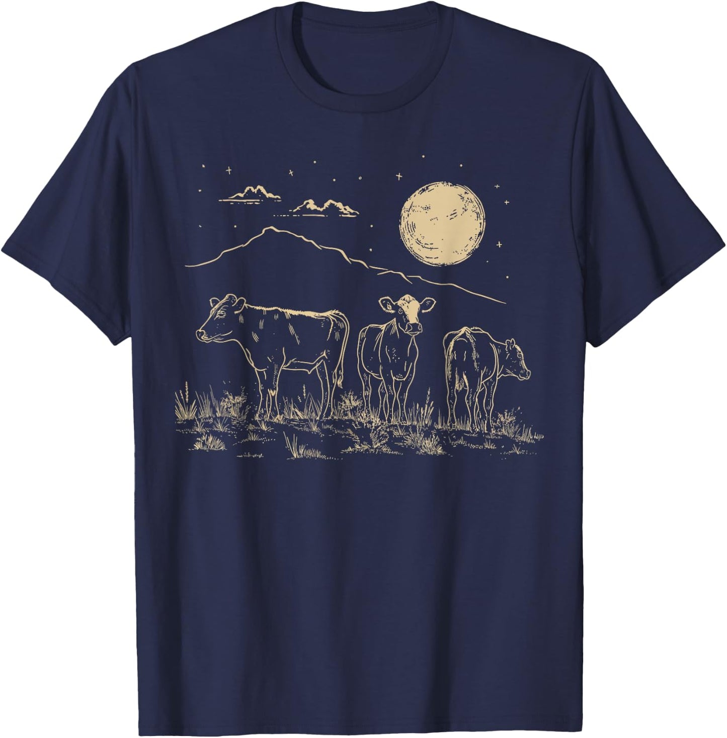 Cows Ranch Pasture Rustic Farm Country Western Steer Art T-Shirt - T-Shirt | Navy