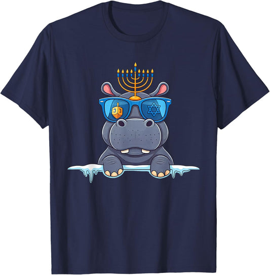 Hippo Menorah Dreidel Jewish Hanukkah Kids T-Shirt - T-Shirt | Navy