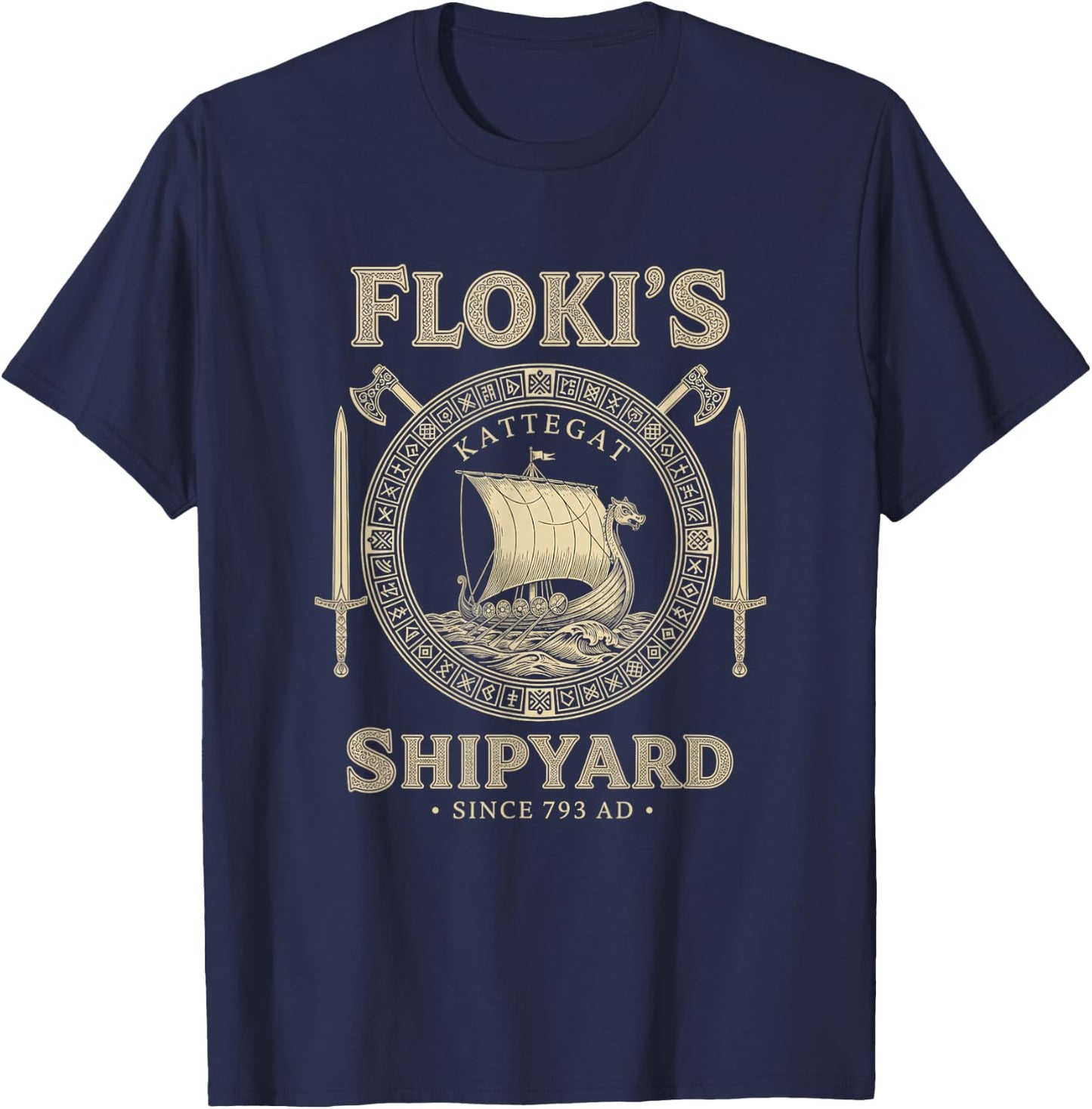 Floki's Shipyard Kattegat Viking Longship Norse Rune T-Shirt - T-Shirt | Navy