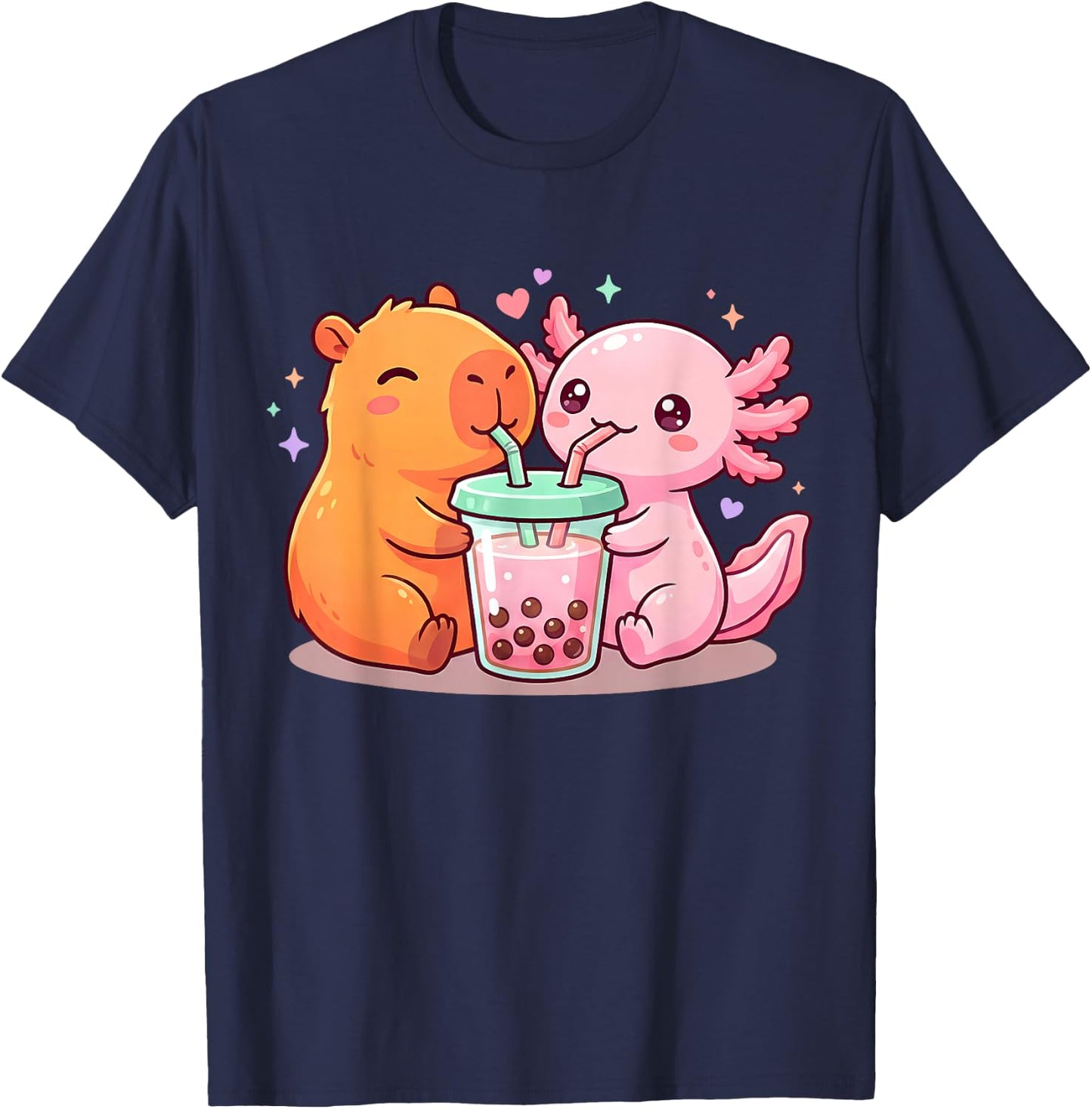 Cute Capybara and Axolotl Bubble Tea Boba Girls Kawaii Anime T-Shirt - T-Shirt | Navy