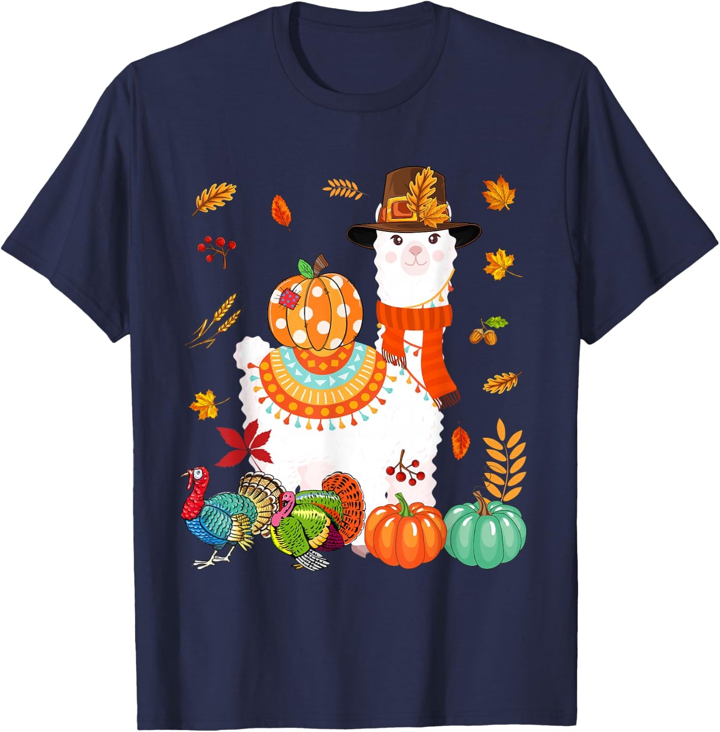 Thanksgiving Llama With Turkey Fall Pumpkins Lover Farmer T-Shirt - T-Shirt | Navy