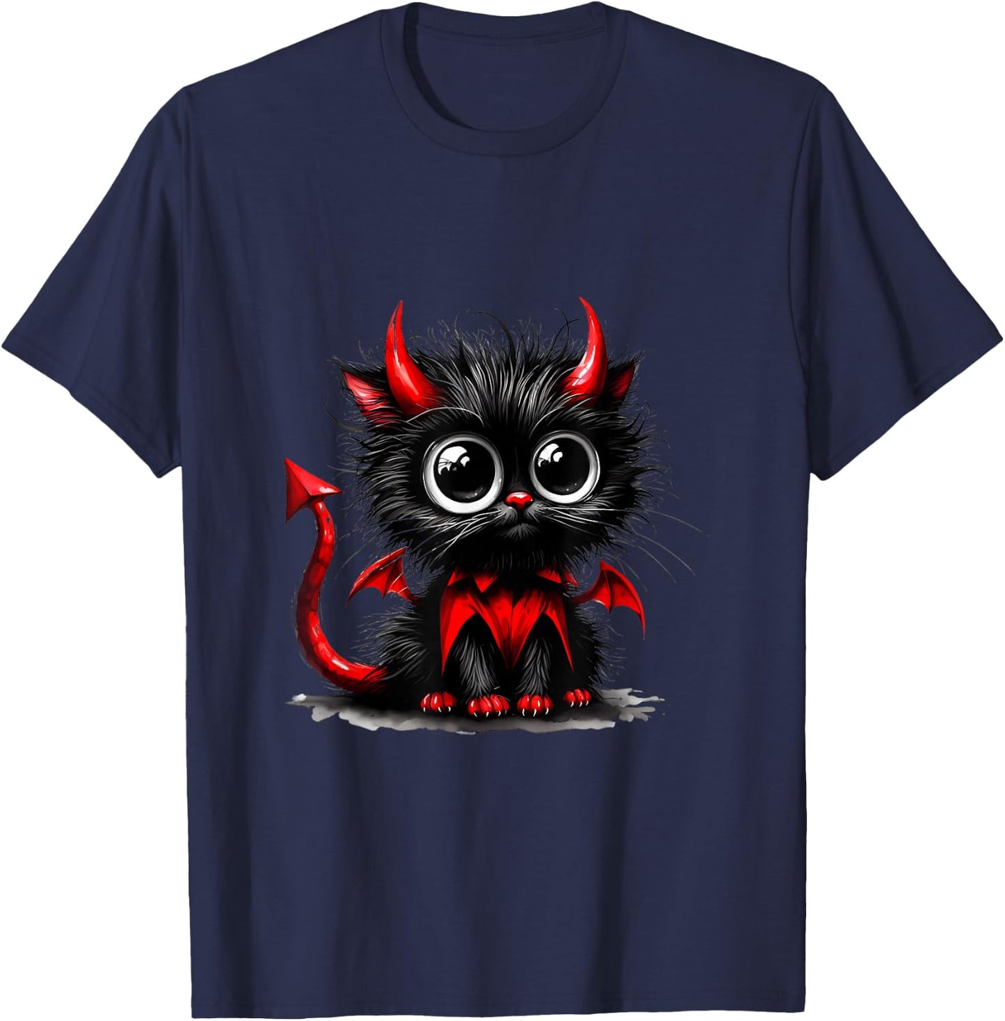 Adorable Cat Kitten Halloween Black Devil Cartoon , Black, S T-Shirt - T-Shirt | Navy