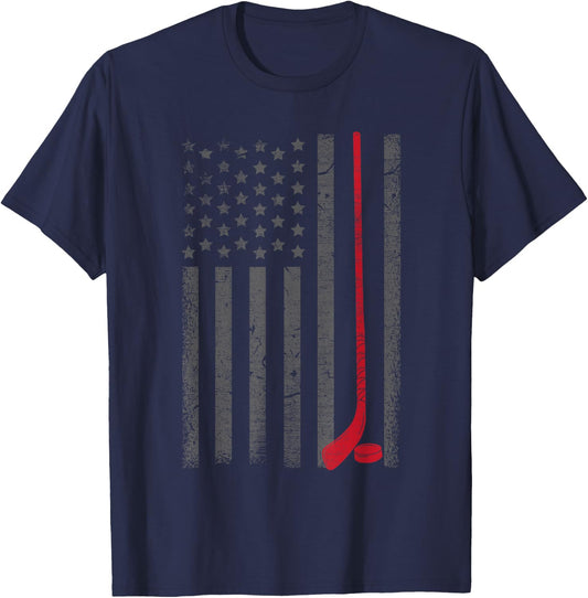 American Flag Ice Hockey Stick Puck Player Jersey Skate Gift T-Shirt - T-Shirt | Navy