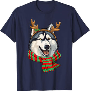 Siberian Husky Dog Christmas Reindeer Santa Hat Funny Xmas Women Kids T-Shirt - T-Shirt | Navy
