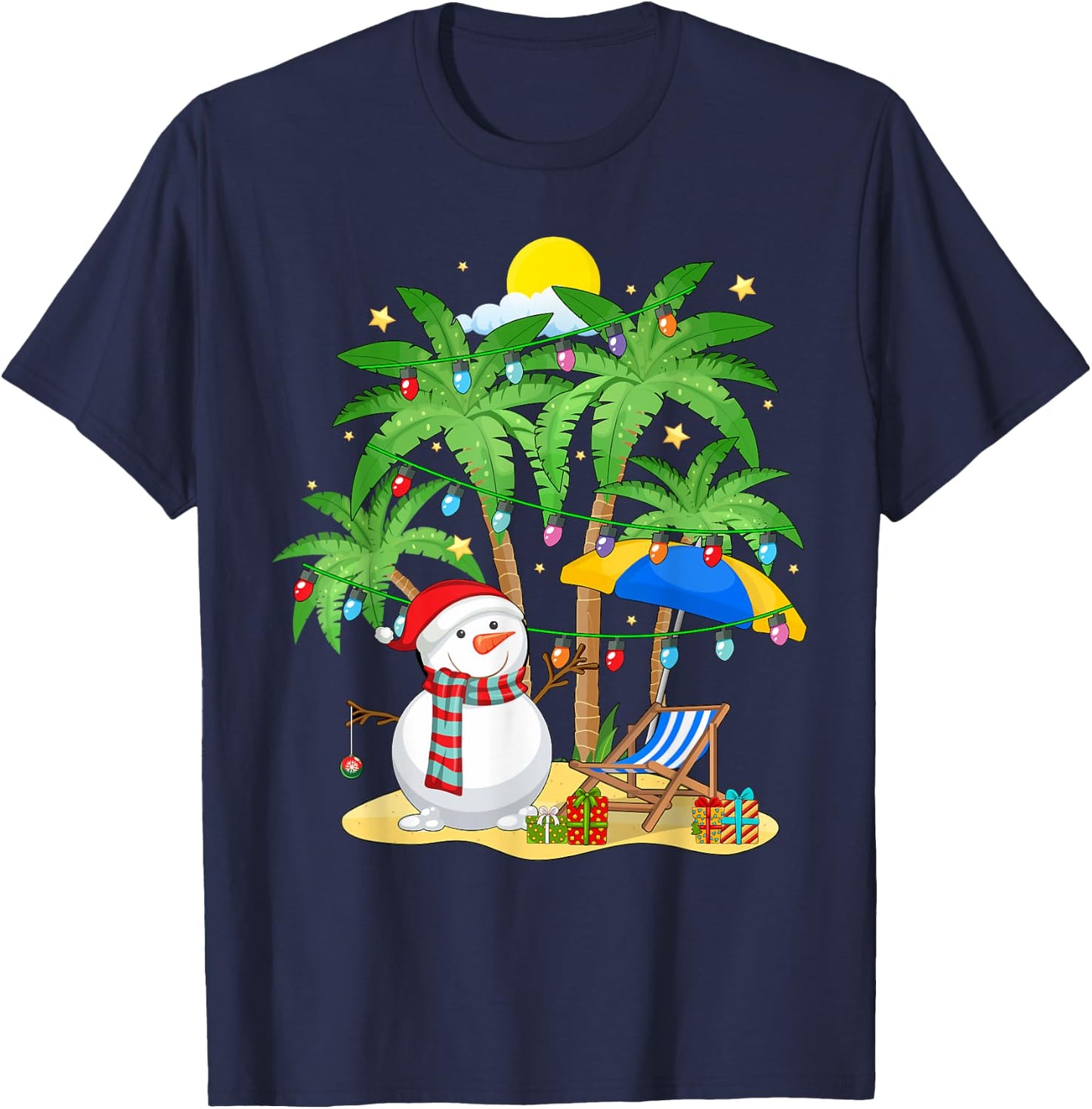 Christmas in July Snowman on Palm Tree Tropical Beach T-Shirt - T-Shirt | Navy